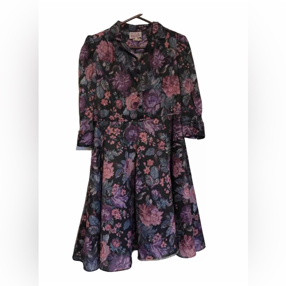 Womens Vintage California Looks Floral Dress 14P Button Top Front 3/4 Sleeves